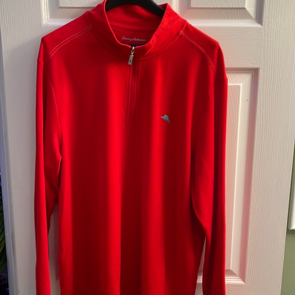 Tommy Bahama red quarter zip with teal marlin logo.